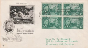 Franklin D. Roosevelt In Memoriam 1c Block of 4 Stamps FDC Artcraft 1945 - Picture 1 of 1