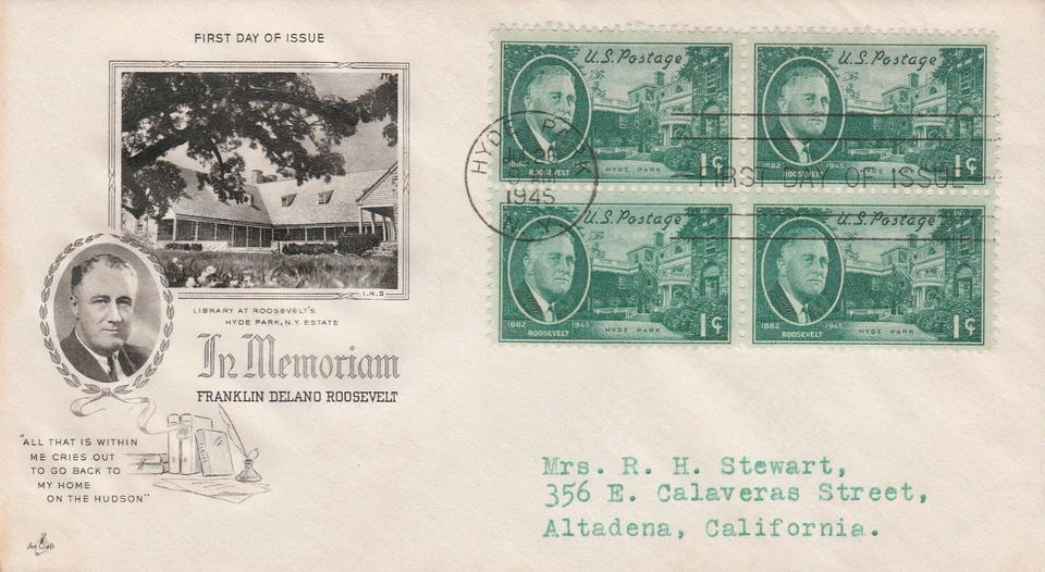 Franklin D. Roosevelt In Memoriam 1c Block of 4 Stamps FDC Artcraft 1945 - Image 1 of 1