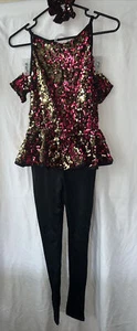 Disfraz de baile de jazz Weissman talla L secuencia roja y dorada con guantes y cabello a juego - Imagen 1 de 6