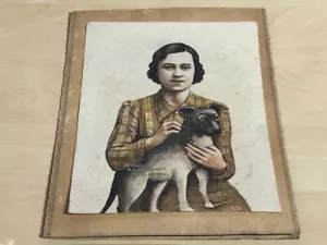 1944 Watercolour Portrait Lady & Her Dog by R.K. Chandrajit Imphal India + Photo - Picture 1 of 9