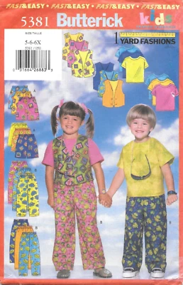 Uncut Butterick Sewing Pattern 5381 Child 1-Yard Vest Top Shorts Pants Size 5-6X - Image 1 of 2
