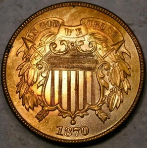 1870 TWO CENT PIECE GORGEOUS CRISP MOTTO SHIELD WREATH w/STRONG OBV DIE CLASHING - Picture 1 of 4