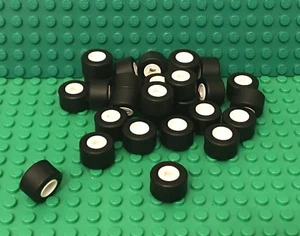 Lego 24 Tire 14mm D. X 9mm Smooth Small Wide Slick With White Wheel Rims Parts - Picture 1 of 1