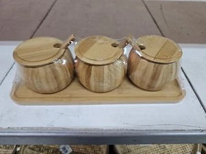 Natural Wooden Spice Jar Set (3pcs) with Lid, Spoon & Tray | Rustic Storage - Picture 1 of 4