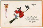  Halloween Brundage Red Witch on Broomstick with Child Black Cat