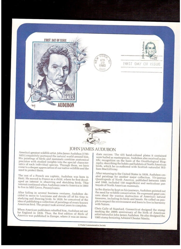FDC Postal Commemorative Society 22 cent stamp # 1863 John James Audubon 1985  - Image 1 of 1