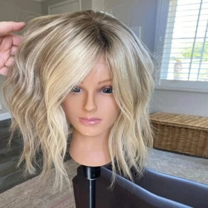 Blonde Bob Wig Dirty Ashy Highlights Human Hair Lace Front Wig Dark Roots Short - Picture 1 of 4