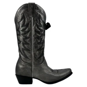 Shyanne Silver Leather Embroidered Block Heel Point Toe Western Cowboy Boots 8 - Picture 1 of 10
