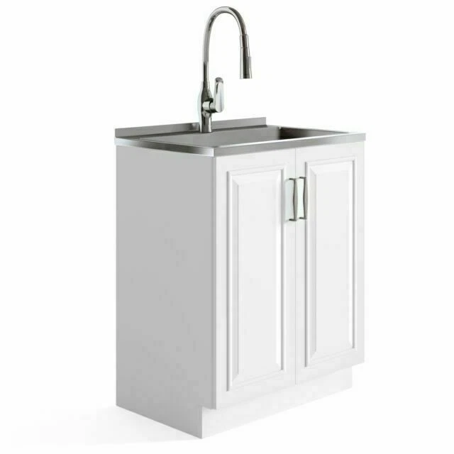 Simpli Home Darwin 28" Laundry Cabinet with Pull-out Faucet and Stainless Steel Sink - Pure White