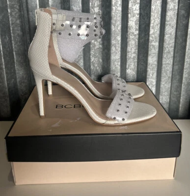 BCBGeneration 连衣裙凉鞋女式 11 码白色皮革金属镶嵌 — 第 1/4 张图片