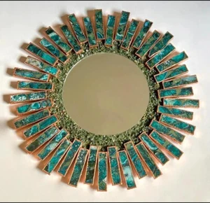 Espejo de pared de ágata hecho a mano de 20" | Espejo de cristal azul-verde | Acabado dorado - Imagen 1 de 4