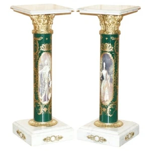STUNNING PAIR OF ROYAL ITALIAN CARRARA MARBLE & ENAMEL PAINTED BRASS PILLARS - Picture 1 of 24