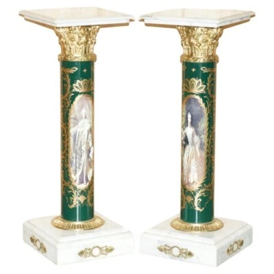 STUNNING PAIR OF ROYAL ITALIAN CARRARA MARBLE & ENAMEL PAINTED BRASS PILLARS - Image 1 of 4