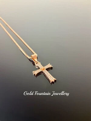 18K 18Ct GENUINE Rose Gold Filled Box Necklace & CZ Cross Crucifix Ref:-226 - Image 1 of 4