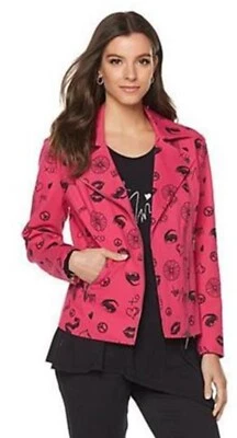 NEW Love Twiggy Graffiti Print Jacket HOT PINK BLACK FULLY LINED S HSN $132 - Image 1 of 4