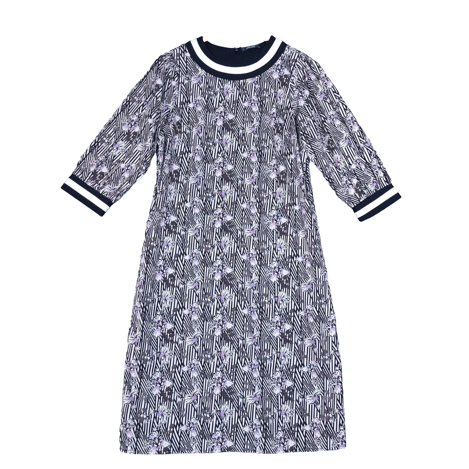 Vestido recto eShakti para mujer mediano negro blanco geométrico floral midi manga 3/4 Foto 1 de 4