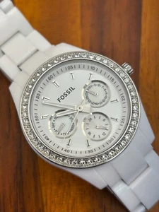 Fossil Stella Watch Women 37mm ES-1967 White Silver Tone Crystals - New Battery - Picture 1 of 5