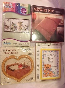 LOT Counted Cross Stitch Craft Project Kit - country goose baby name birds - Picture 1 of 4
