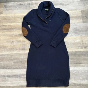 LRL Lauren Jeans Co Sweater Knit Dress M Navy Blue Elbow Patch Southwestern READ - Picture 1 of 18