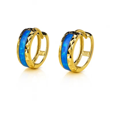 Pendientes de aro Huggie de ópalo azul oscuro de oro amarillo de 14k Foto 1 de 2