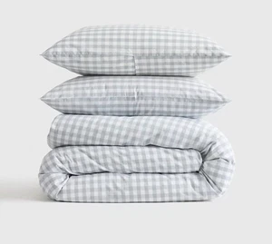 Quitte Classic Bio Perkal Gingham Bettwäscheset Twin Blue Fog Neu ohne Etikett - Bild 1 von 6