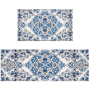 Juego de alfombrillas de cocina azul boho 2 piezas 17"x47"+17"x30", cocina floral vintage... - Imagen 1 de 9