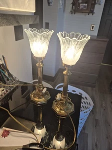 2 Lámparas Buffet de Mesa Antorchiere Hurricane De Colección Oro y Cristal Tulipán, Esmeriladas  - Imagen 1 de 9