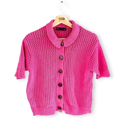 Ladies M&S Fuchsia Pink Chunky Knit Short Sleeved Cardigan Top Size 10 - Image 1 of 4