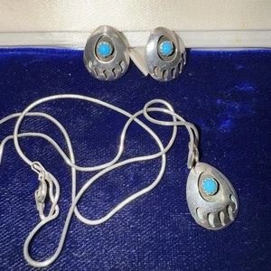 VTG SOUTHWESTERN STERLING SILVER TURQUOISE SHADOWBOX BEAR CLAW EARRINGS Necklace - Picture 1 of 5