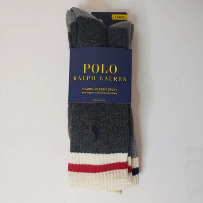 Классические спортивные мужские короткие носки Polo Ralph Lauren — 3 пары, серые, в полоску, манжеты - Изображение 1 из 4