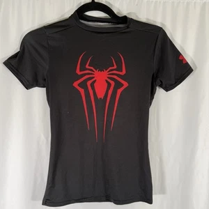 Spiderman Under Armour Shirt Boys Youth Medium Black Short Sleeve Crew Neck - Picture 1 of 8