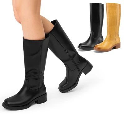 Women Banana Campus Knee High Boots Chunky Block Heel Square Toe Riding Boots - Image 1 of 2