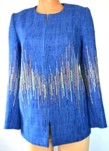 TONY WARD HAUTE COUTURE Blue Beaded Cotton Tweed Jacket Size 44 US 12 - Picture 1 of 9