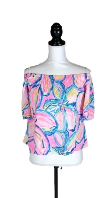 Lilly Pulitzer Top Womens XS Pink Sunset The Sunny Side Satin Off The Shoulder - Image 1 of 4
