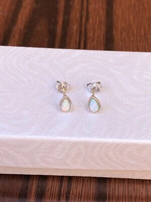 925 Sterling Silver Teardrop White Opal Stud Earrings Dainty Tiny Studs 5.9mm - Image 1 of 4