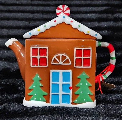 Gingerbread House Teapot Hand Painted Ceramic Lang Candy Ribbon Handle BEAUTIFUL - Image 1 of 4