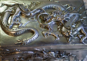 Large Japanese Export Silver Multi Dragon Antique Wood Cigar Jewelry Box 9.75" - Picture 1 of 13