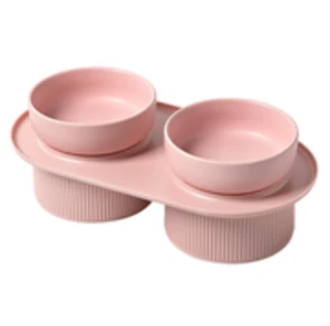 24x Ribbed Ceramic Double Pet Bowl 3pc Set - Pink - Picture 1 of 3