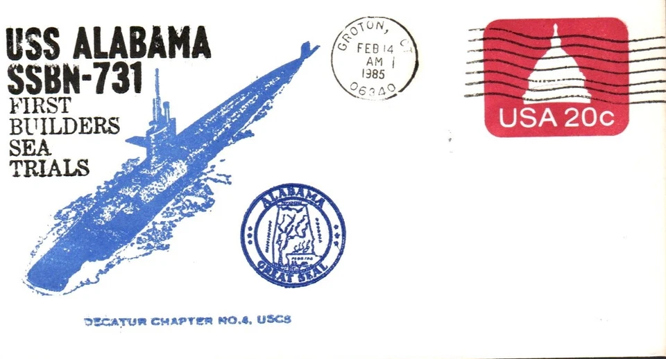 USS ALABAMA SSBN-731 FIRST BUILDERS SEA TRIALS FEB 14 1985 GROTON CT CACHET - Image 1 of 1