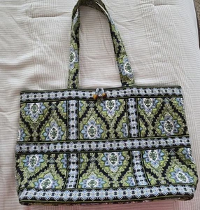 Vera Bradley Retired LARGE Green/Navy Blue CAMBRIDGE Tote Toggle - Picture 1 of 11