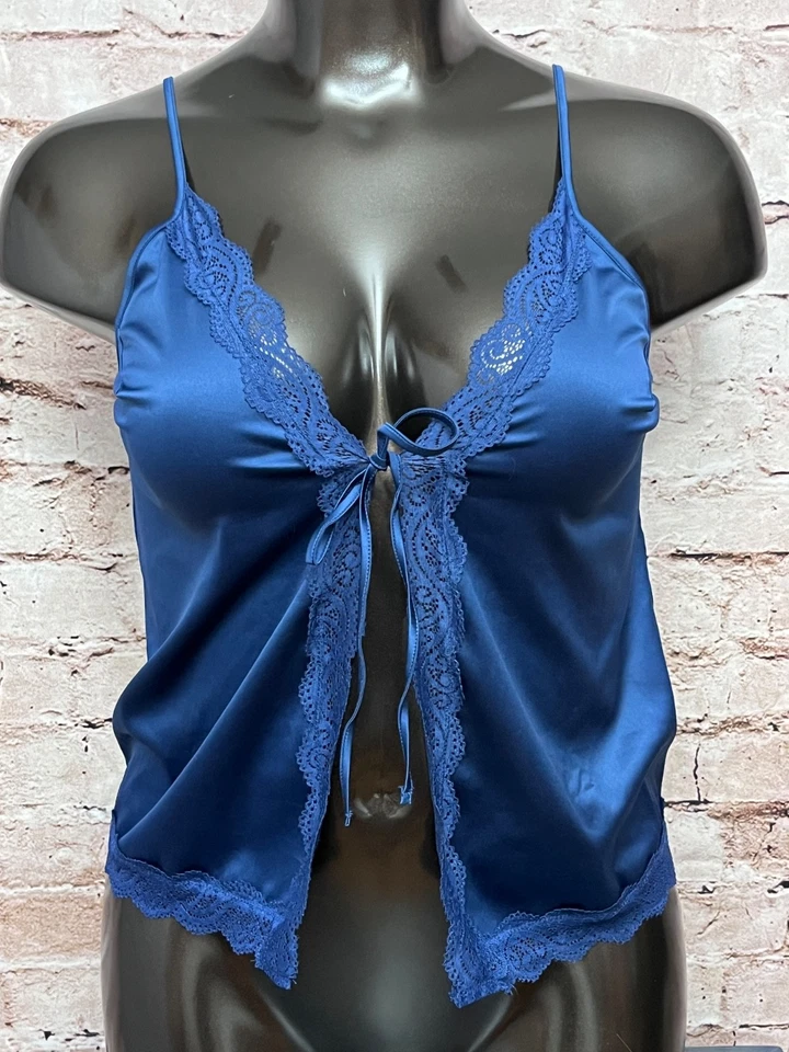 Fantasy Lingerie Satin Open-front Plunge Babydoll Chemise M/L Blue - Image 1 of 4
