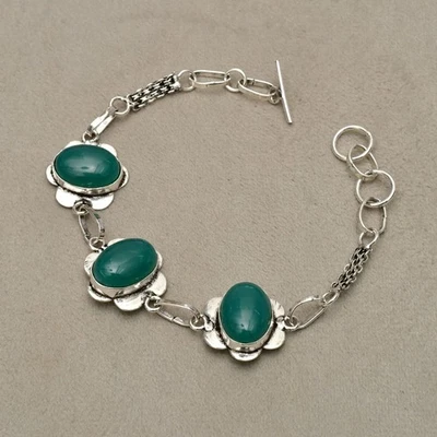 Pulsera de plata de ley 925 con piedras preciosas de ónix verde joyería hecha a mano 7-8" Foto 1 de 4