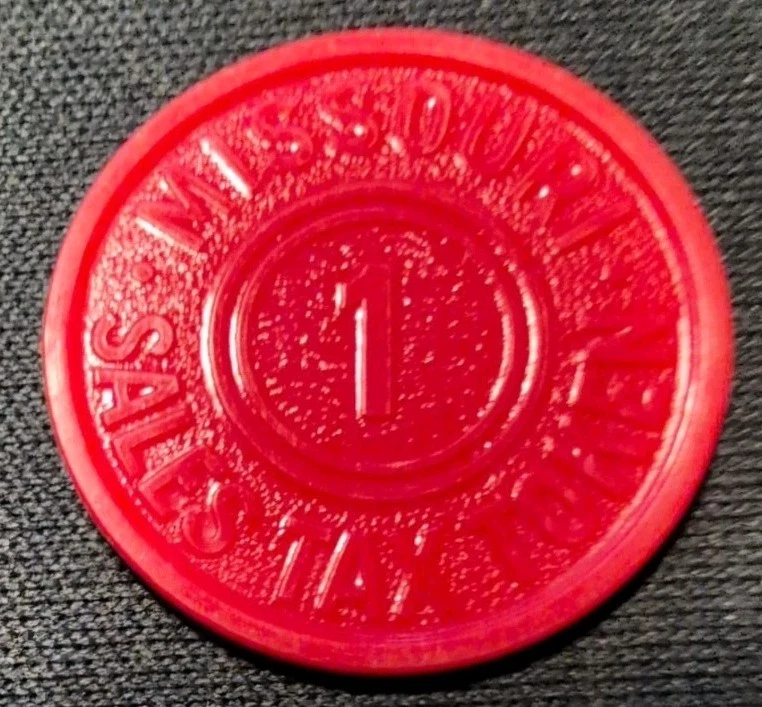 密苏里州销售税代币,1 铣 (1/10 美分),红色塑料部分硬币 — 第 1/1 张图片
