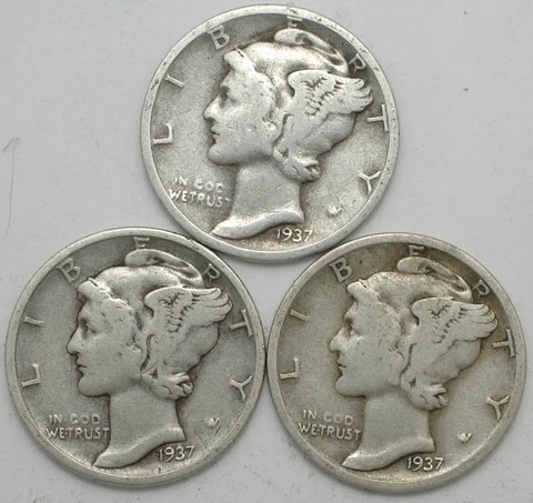 1937-P-D-S Winged Liberty Mercury Silver dime mint year set of 3 coins Cover