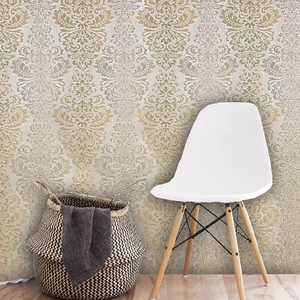 Wallpaper wallcoverings textured ivory beige yellow vintage damask textured roll - Picture 1 of 12