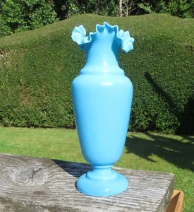 Pretty Victorian Blue Opaline Hand Blown Glass Vase Ruffled/Wavy Rim 23.2cm 9" - Picture 1 of 10