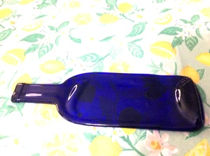 COBALT BLUE GLASS FLATTENED BOTTLE HOT PLATE TRIVET HAND MADE BIG 12" CHEESE - Picture 1 of 7