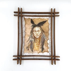 Ritratto di nativi americani incorniciato superficie in pelle belle arti dipinto ad olio decorazione parete - Foto 1 di 3