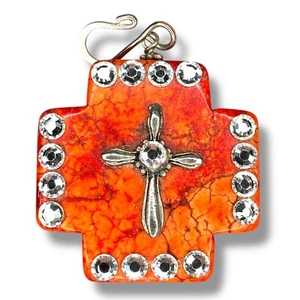 Orange geäderter gefärbter Achat mit Silberkreuz und Strass Halskette Anhänger - Bild 1 von 5