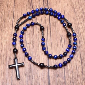 Natural Stone Dark Blue Tiger's Eye Onyx Rosary with Cross Hematite Necklace - Picture 1 of 12